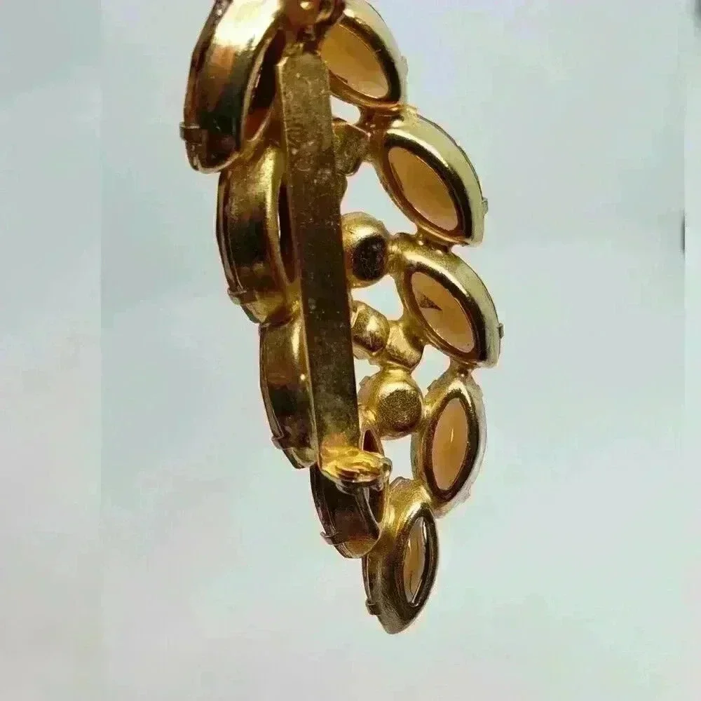 Vintage Rhinestone Leaf Brooch Open Back Brown & AB Stones Sherman Style